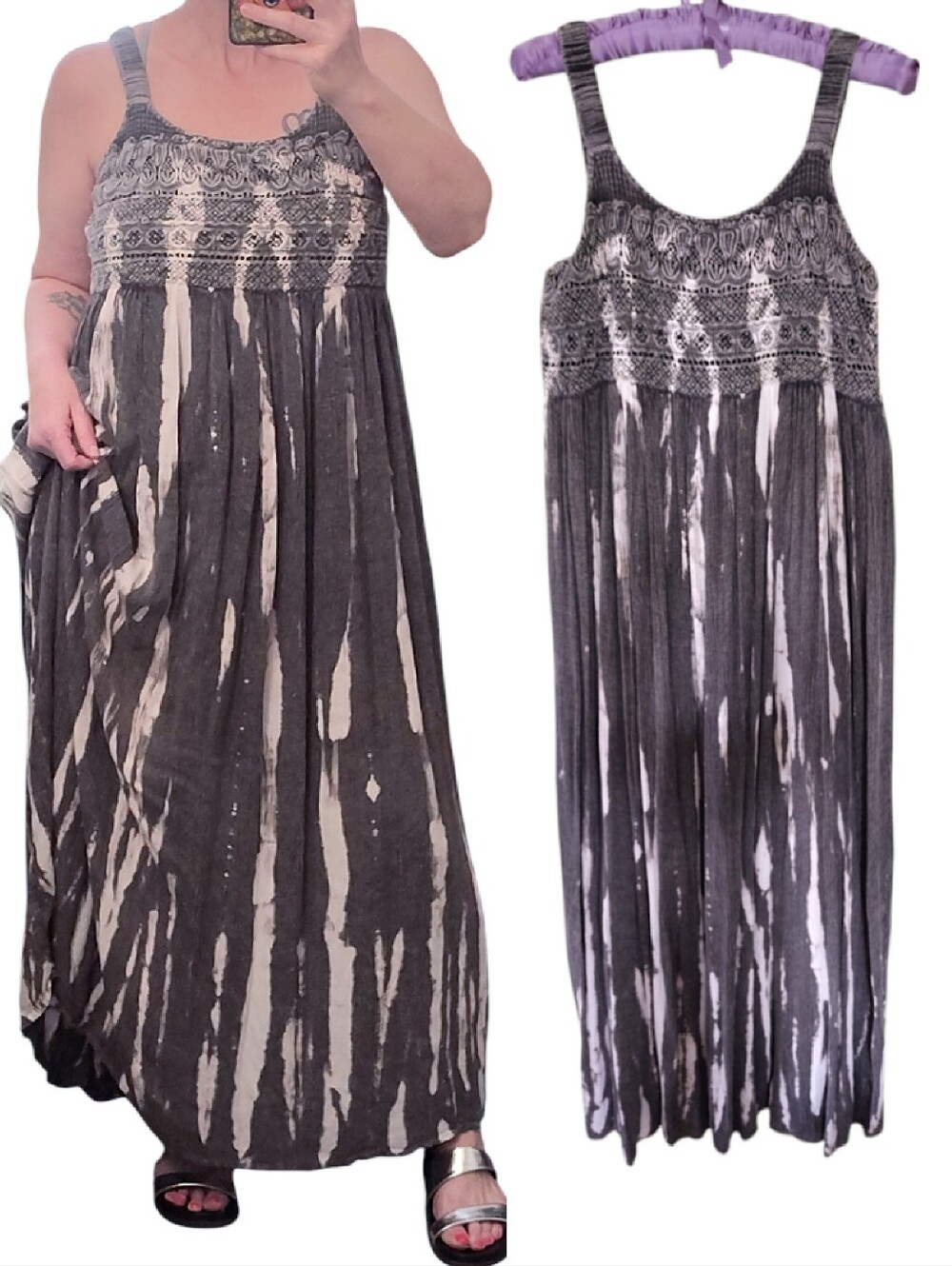 VTG 90s Sleeveless Gray Tie Dye Empire Embroidered Waist Maxi Dress Medium Boho